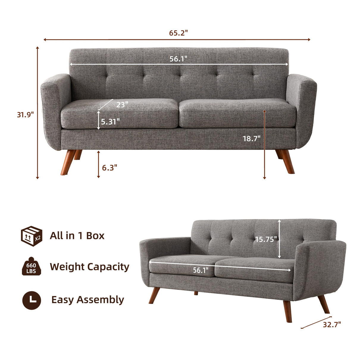 65" Grey Button Tufted Upholstered Loveseat Sofa V564858