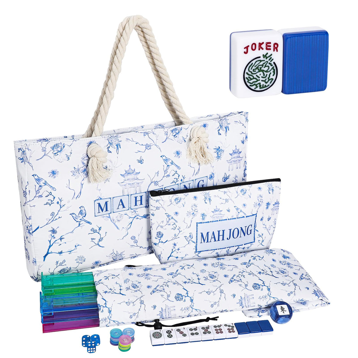 166 Blue Mahjong Tile Set with Bag and 4 All-in-One Rack/Pushers Z420414