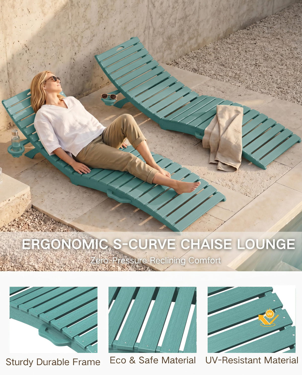 Blue HDPE Pool Chaise Lounge Chairs with Cup Holder, Set of 2 C686