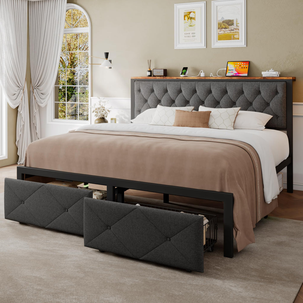 King Size Metal Platform Bed Frame with 2 Storage Drawers O292
