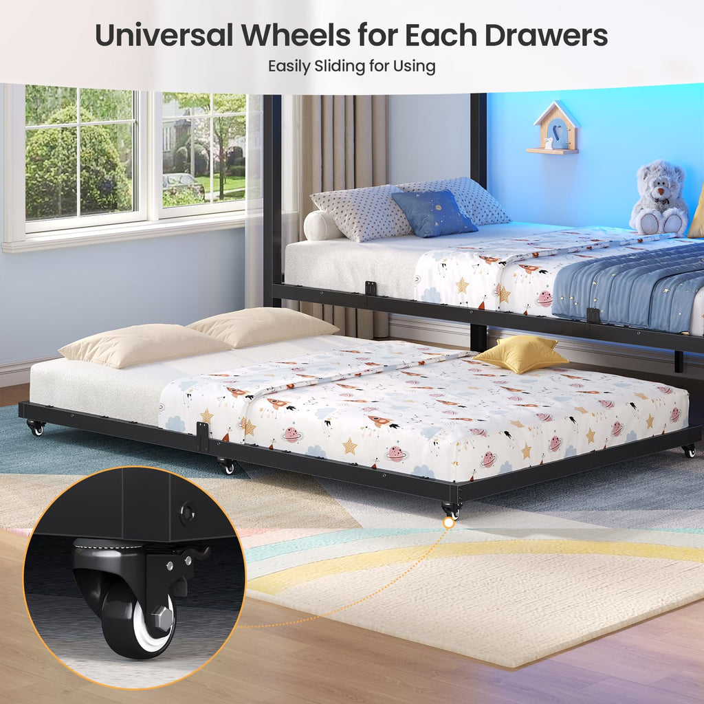 Twin Over Twin Bunk Bed with Trundle, Stairs, 6 Drawers, LED Lights O155559