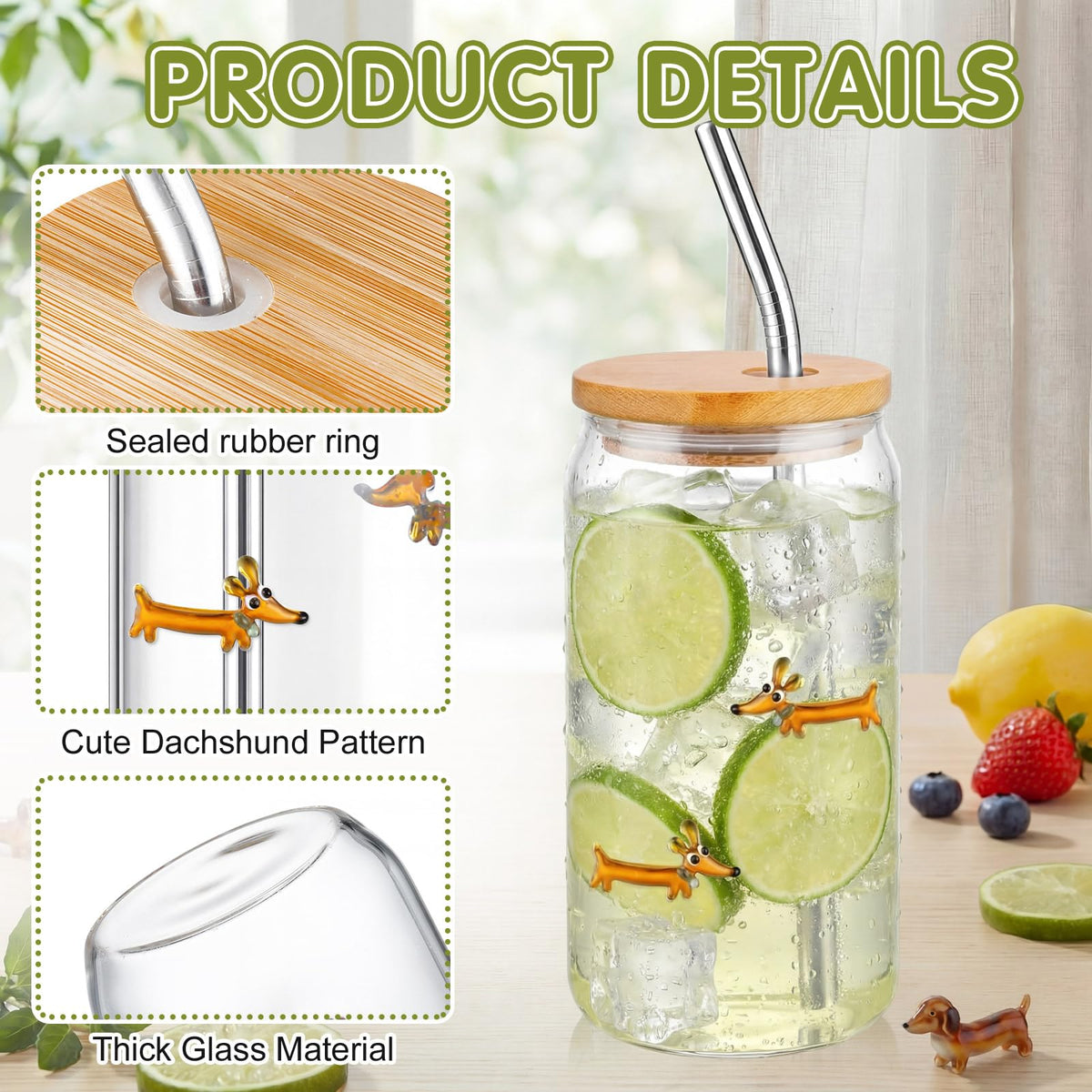 22 oz Dachshund Glass Cup with Lid Straw G93262