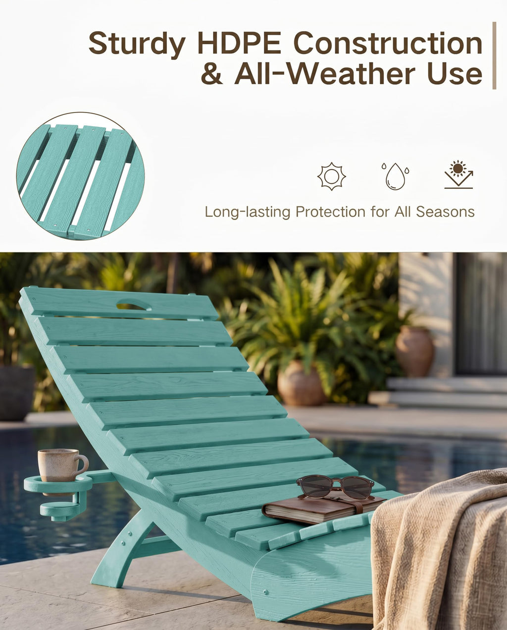Blue HDPE Pool Chaise Lounge Chairs with Cup Holder, Set of 2 C686
