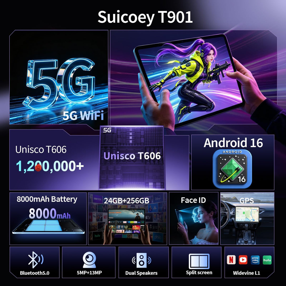Android 16 Tablet 10 inch 32GB 256GB 2TB Expand Black A69586