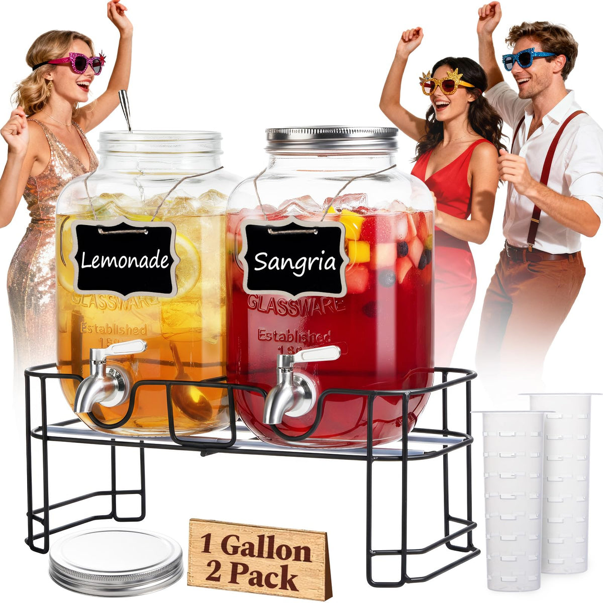 1 Gallon Glass Drink Dispensers 2 Pack with Stand Stainless Steel Spigot G28265