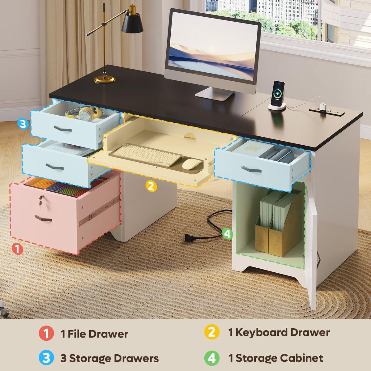 White Office Desk with Lockable Drawers and Charging Station B223