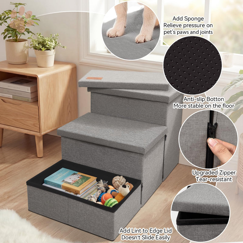 Grey 3 Steps Dog Stairs with Storage F77398