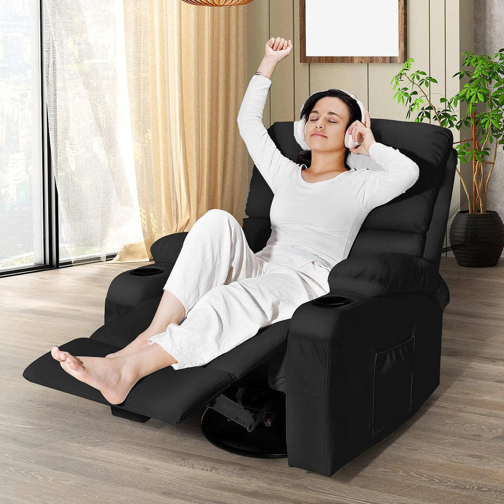 Black Faux Leather Massage Rocking Recliner Chair C7258