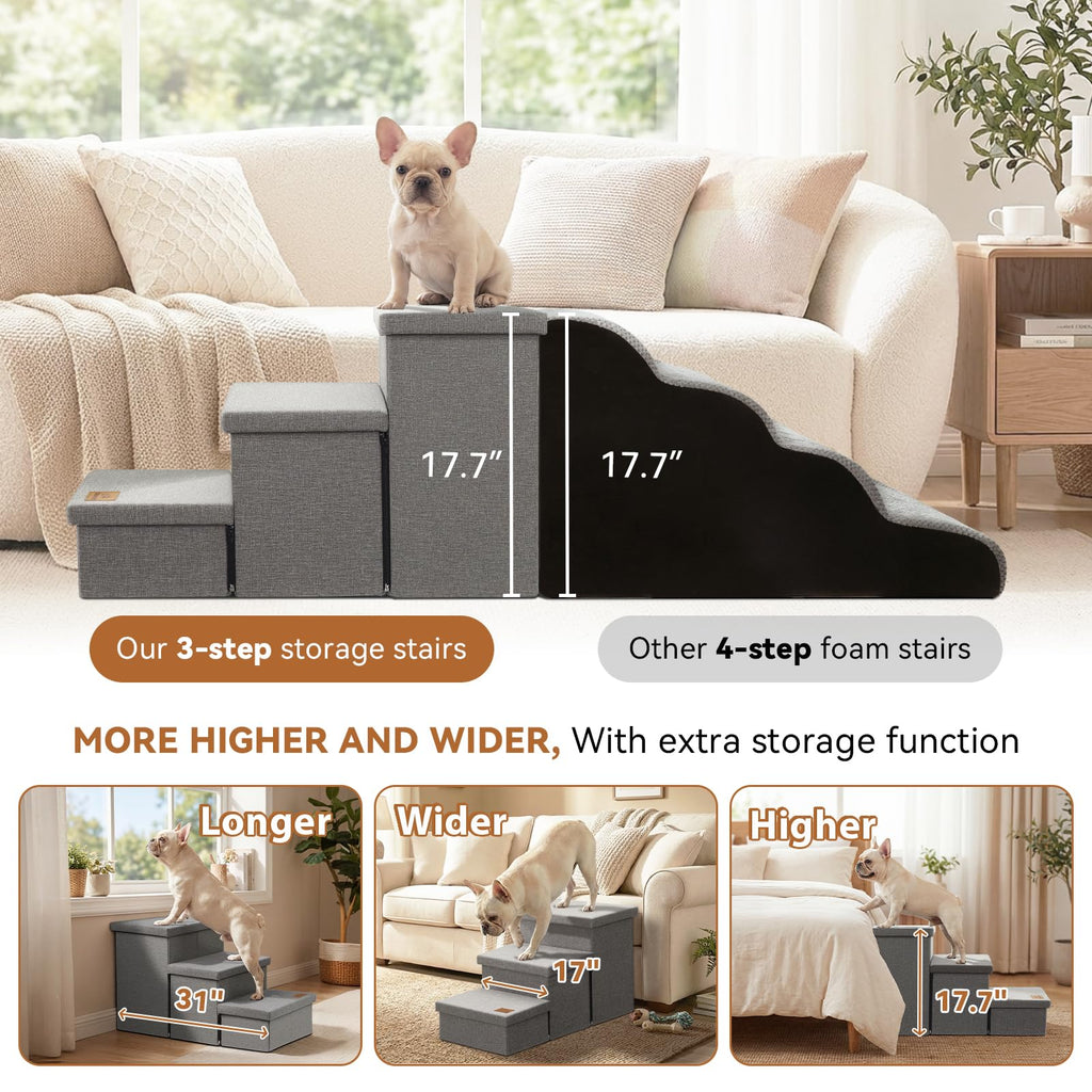 Grey 3 Steps Dog Stairs with Storage F77398