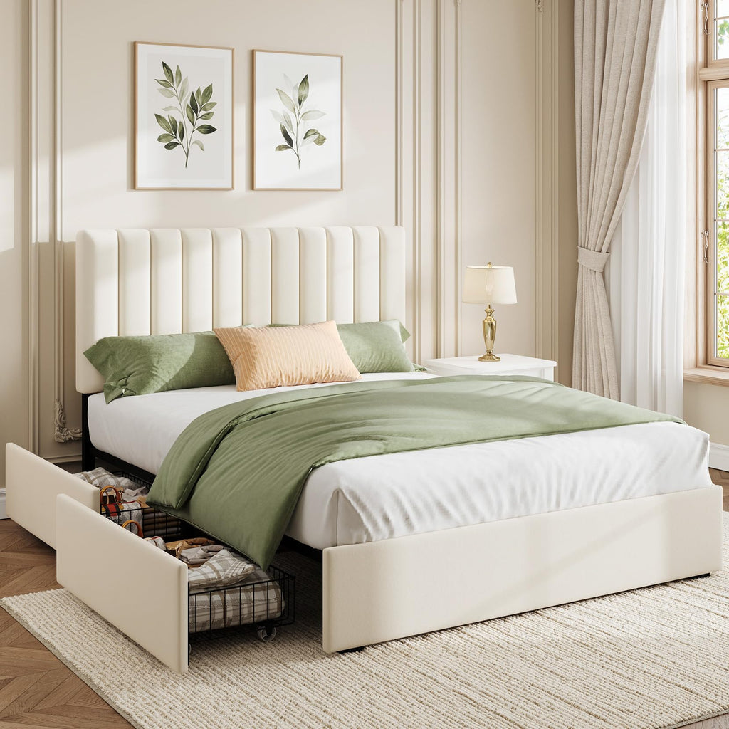 White Full Size Upholstered Bed Frame with Headboard & 4 Drawers K72087