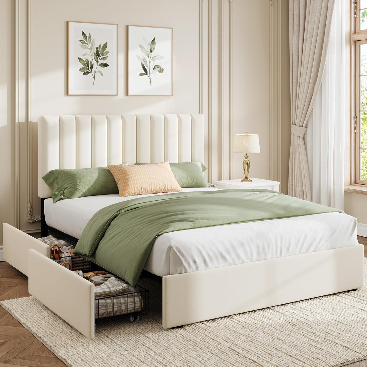 White Full Size Upholstered Bed Frame with Headboard & 4 Drawers K72087