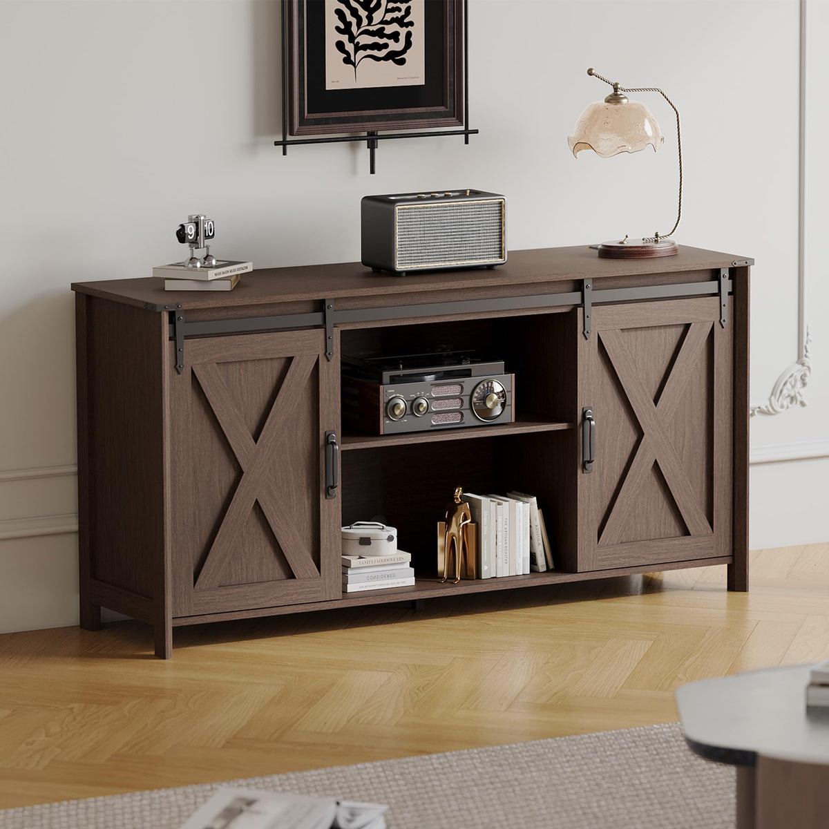 Farmhouse TV Stand 57 Inch Walnut C808