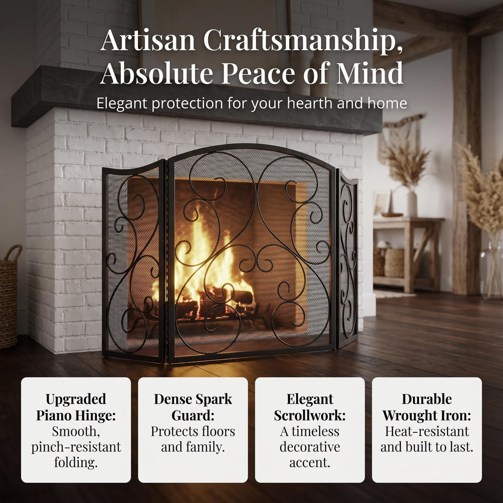 3 Panel Arch Top Wrought Iron Fireplace Screen C2359