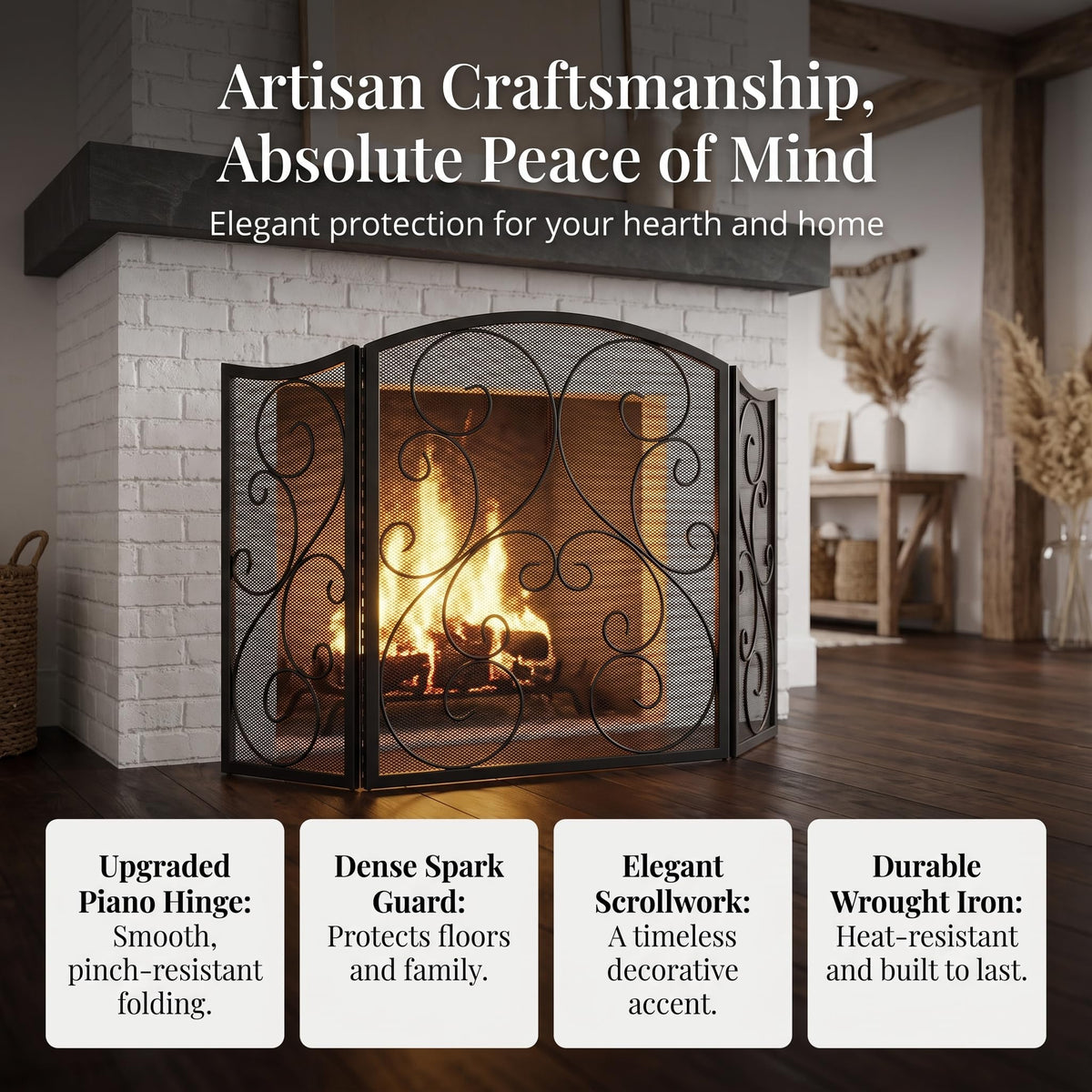 3 Panel Arch Top Wrought Iron Fireplace Screen C2359