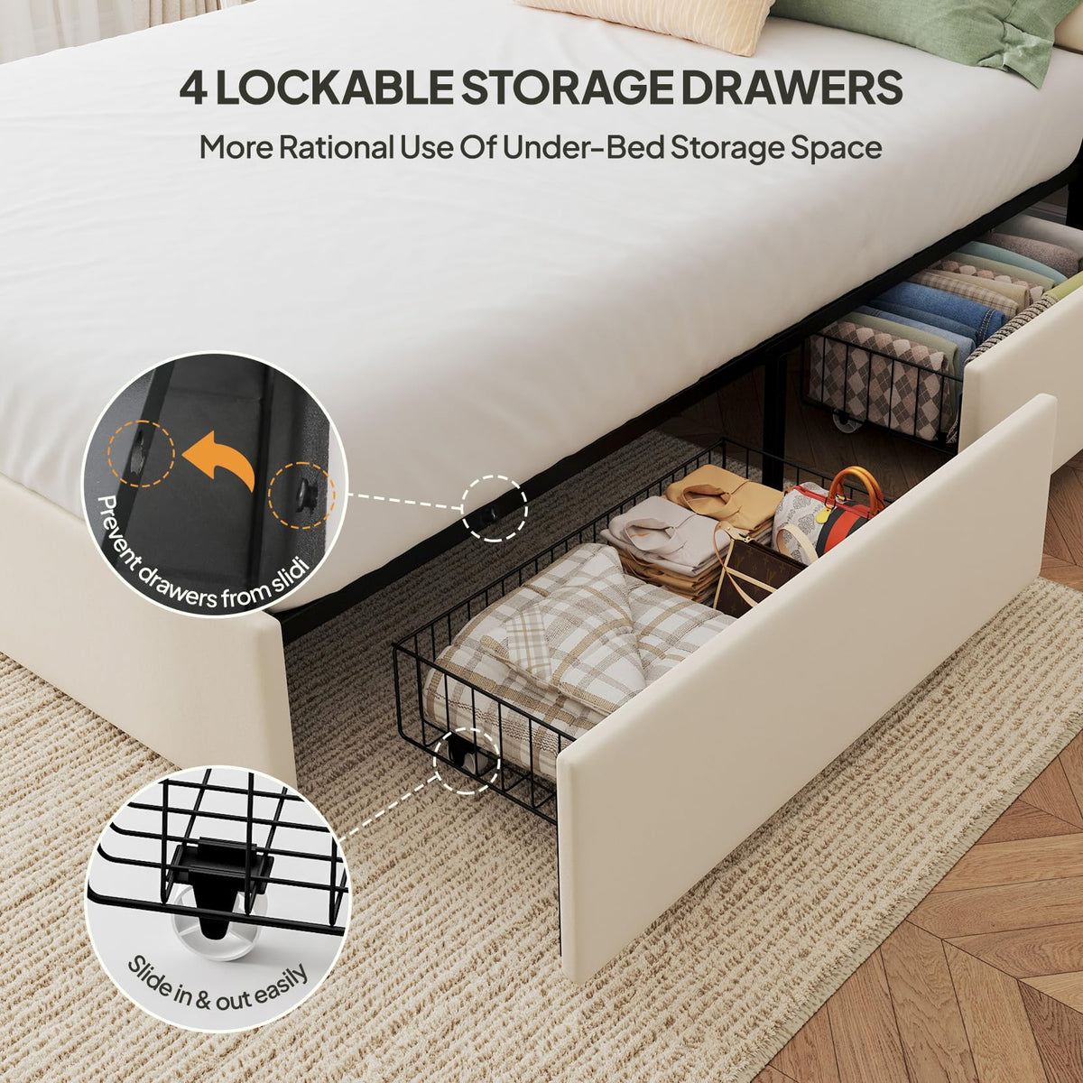 White Full Size Upholstered Bed Frame with Headboard & 4 Drawers K72087