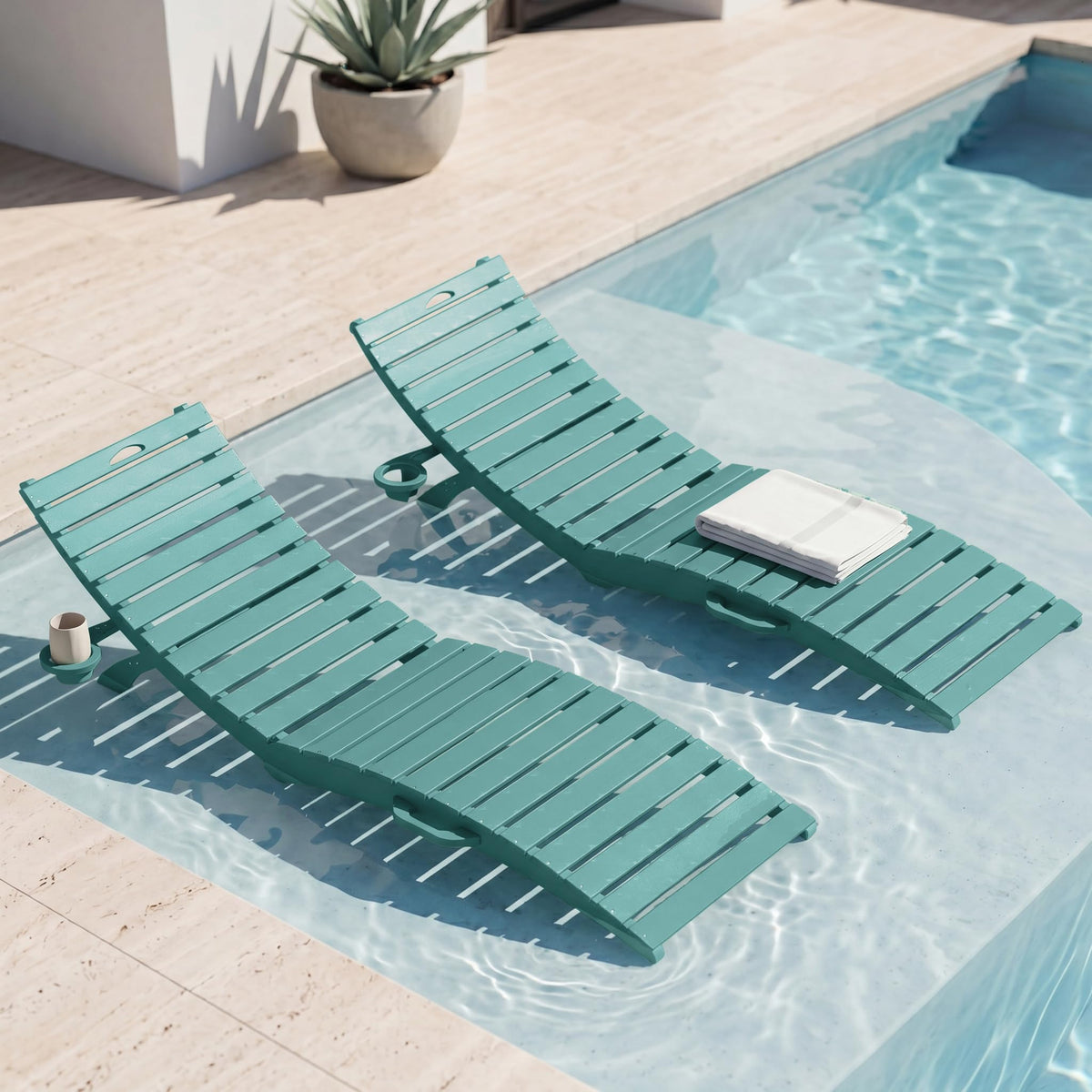 Blue HDPE Pool Chaise Lounge Chairs with Cup Holder, Set of 2 C686