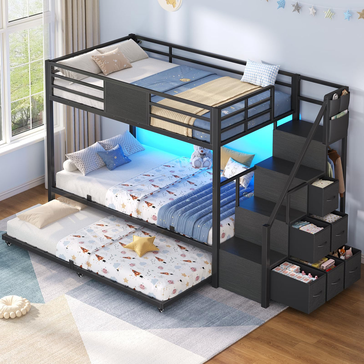 Twin Over Twin Bunk Bed with Trundle, Stairs, 6 Drawers, LED Lights O155559
