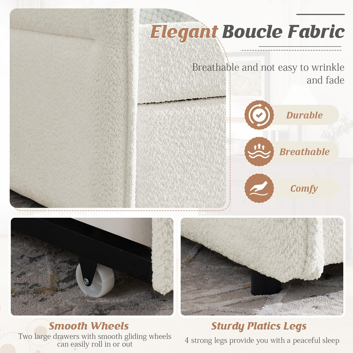 Twin Size Beige Boucle Upholstered Daybed with Trundle L903661