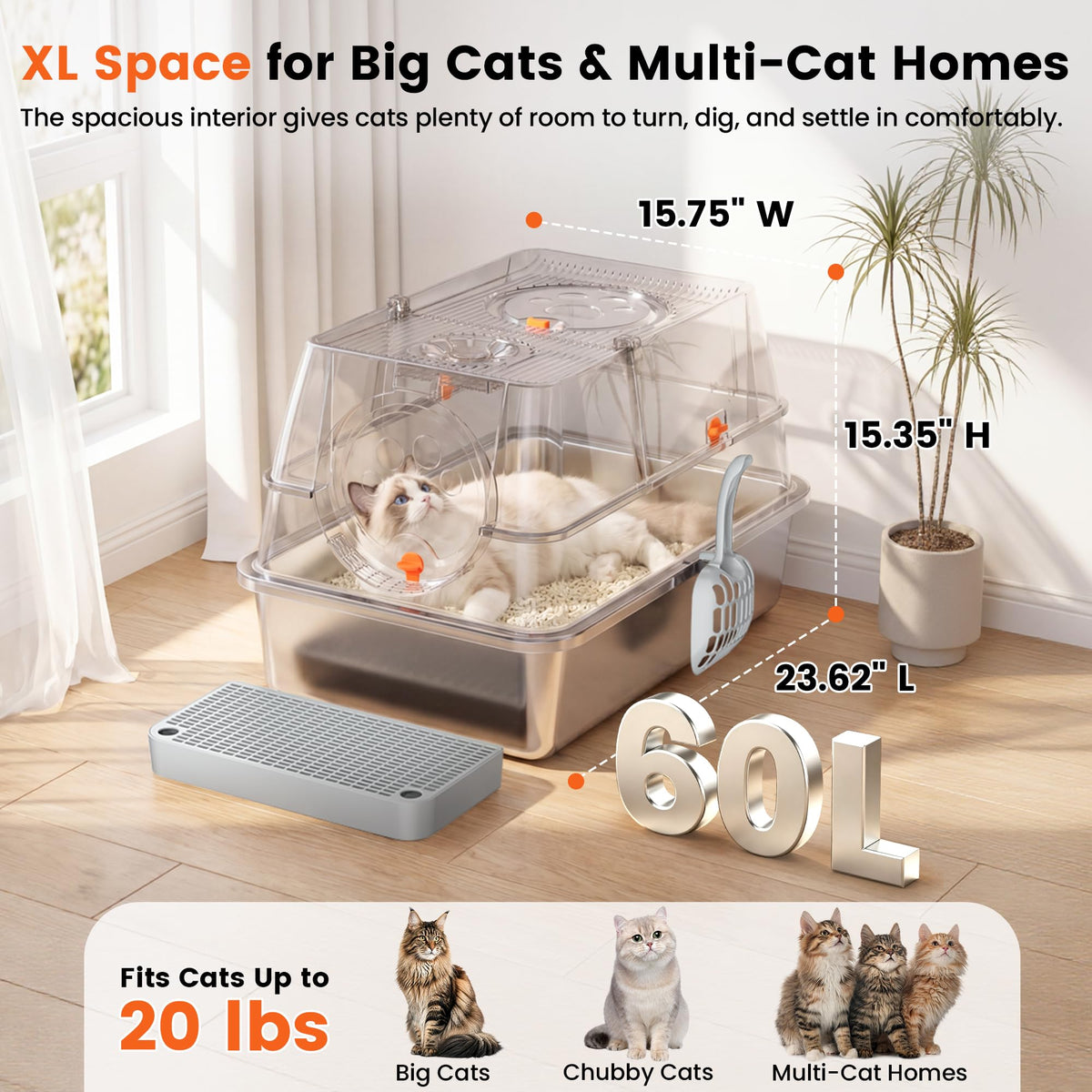 XL Stainless Steel Litter Box with Lid H119633