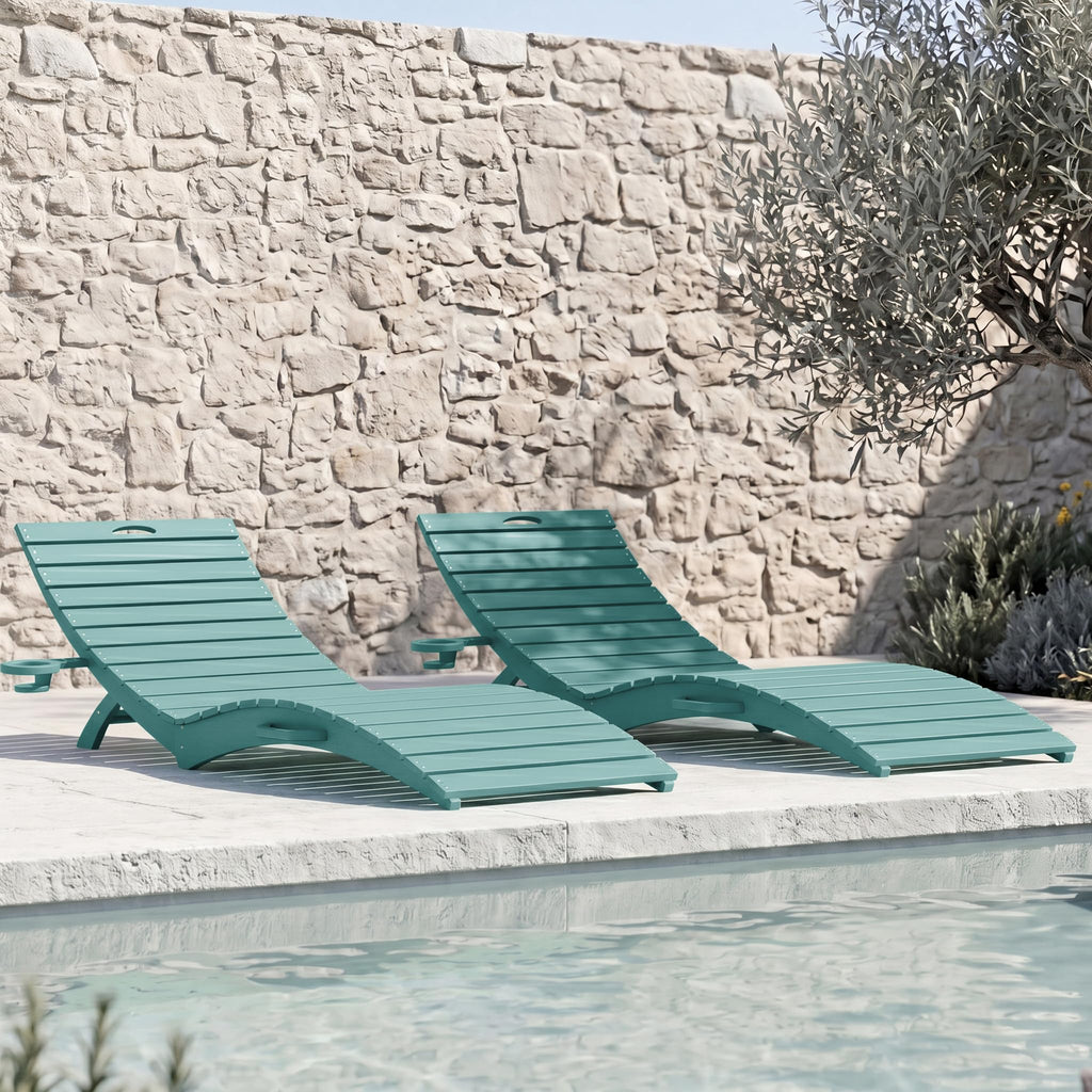 Blue HDPE Pool Chaise Lounge Chairs with Cup Holder, Set of 2 C686