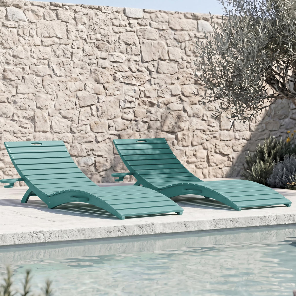 Blue HDPE Pool Chaise Lounge Chairs with Cup Holder, Set of 2 C686
