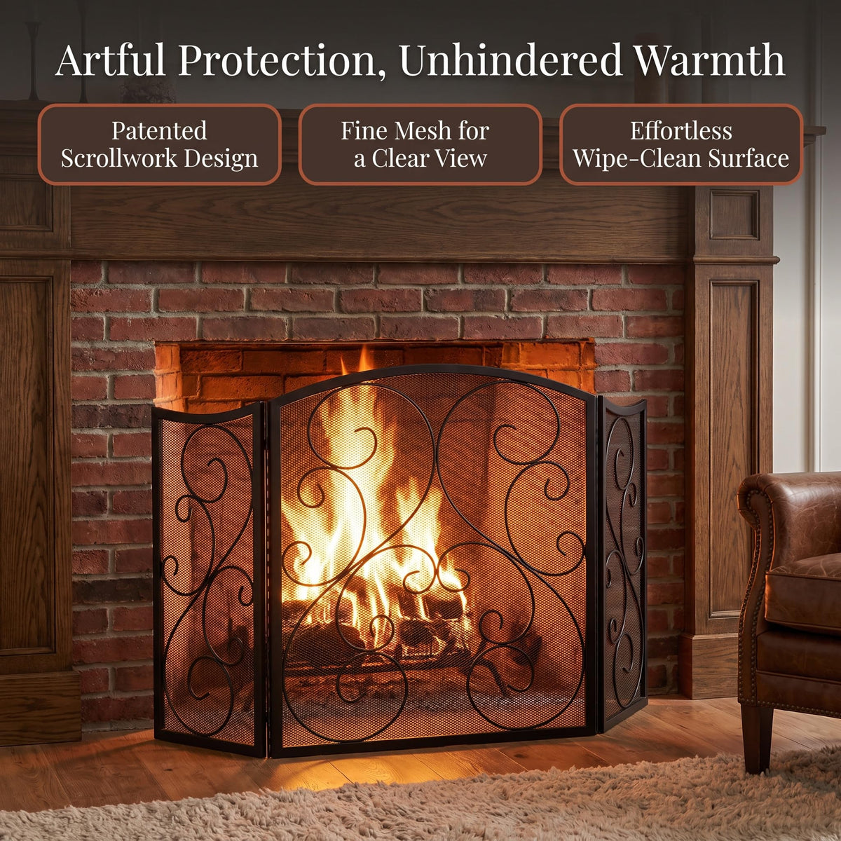 3 Panel Arch Top Wrought Iron Fireplace Screen C2359