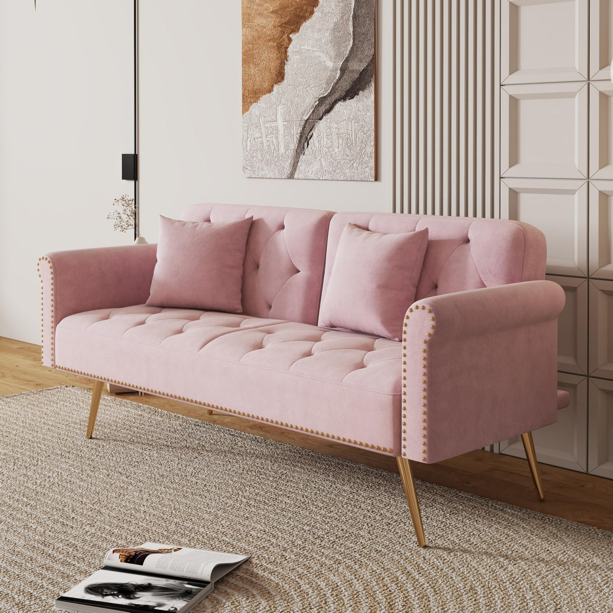 Pink Velvet Futon Sofa Bed E858727