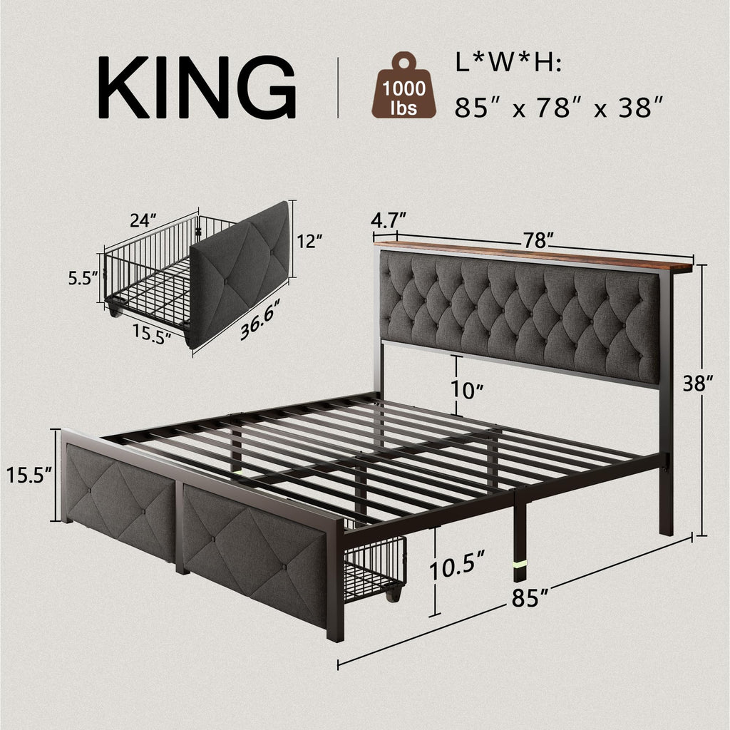 King Size Metal Platform Bed Frame with 2 Storage Drawers O292
