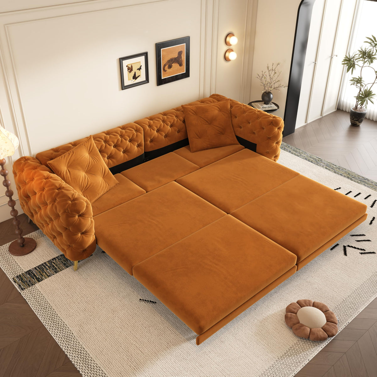 Orange Velvet Convertible Sleeper Sofa with Ottoman Y25792