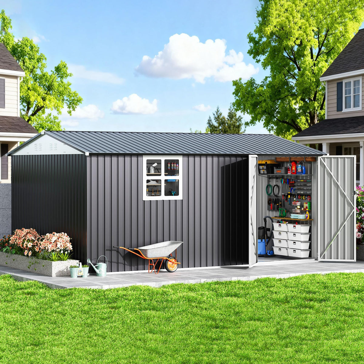 10X14 FT Metal Outdoor Storage Shed with Window, Black E6787
