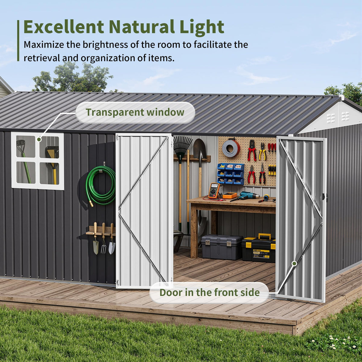 10X14 FT Metal Outdoor Storage Shed with Window, Black E6787