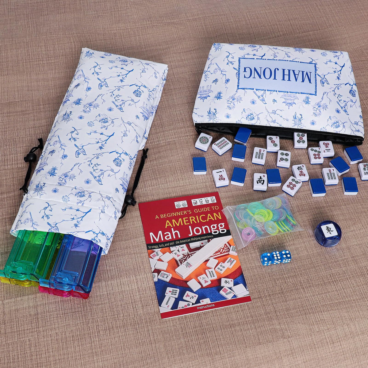 166 Blue Mahjong Tile Set with Bag and 4 All-in-One Rack/Pushers Z420414