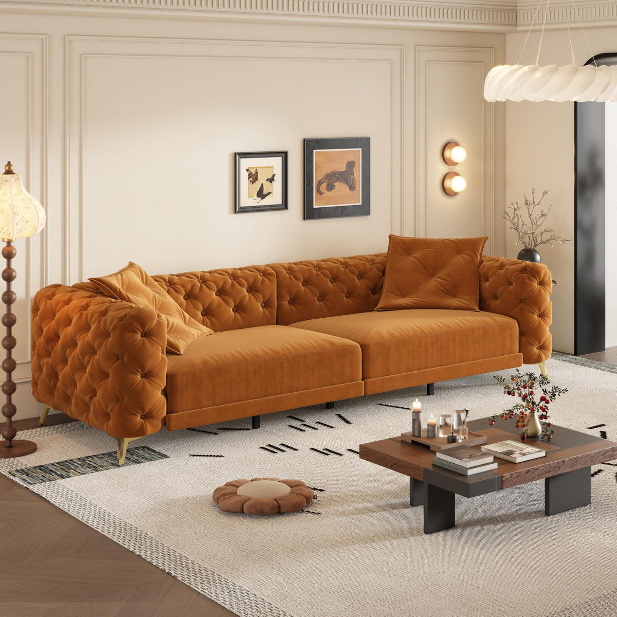 Orange Velvet Convertible Sleeper Sofa with Ottoman Y25792